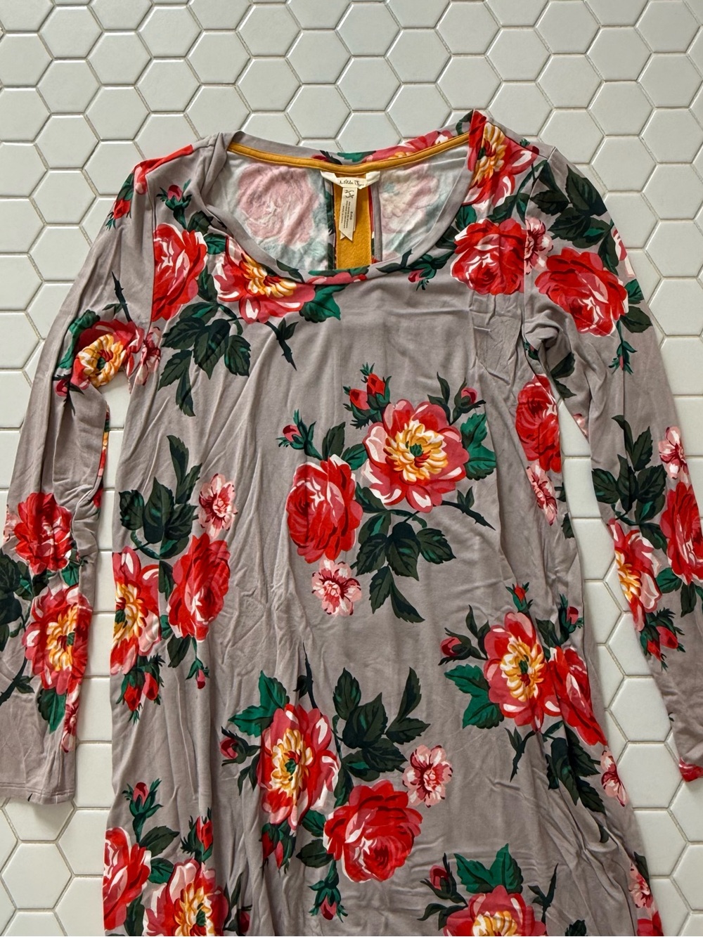 Soft Floral Long Sleeve dress - Gray with Red Roses